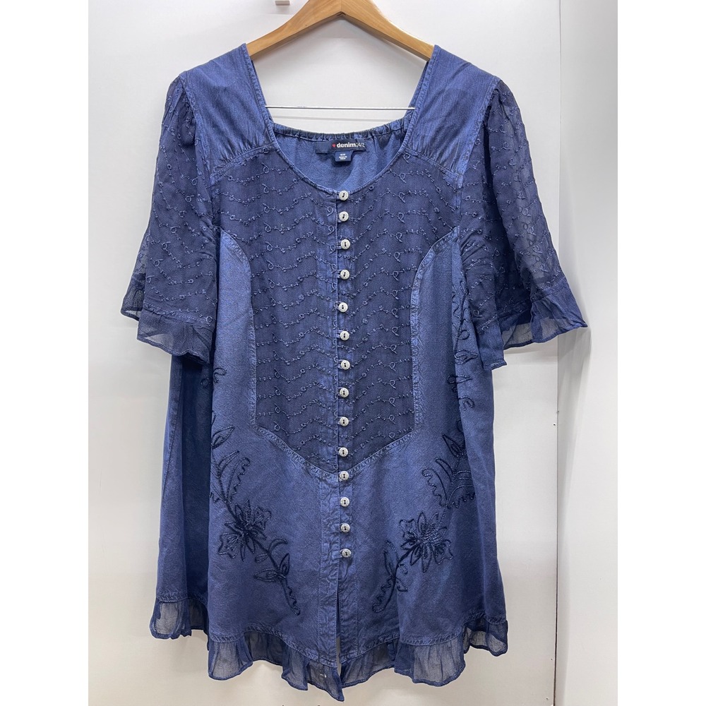 Denim 24/7 Womens Blue Embroidered Eyelet Button Front Tunic Top Size 16W